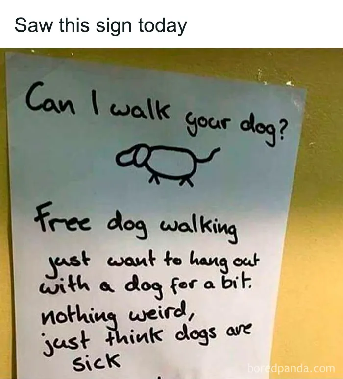 Handwritten sign offering free dog walking to brighten your feed with adorable and wholesome posts from an IG page.
