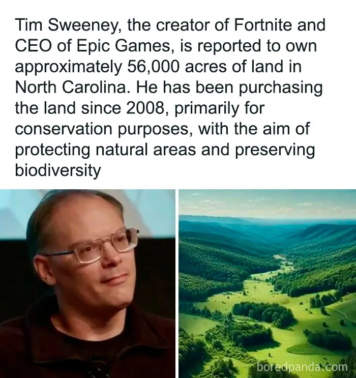 Portrait of Tim Sweeney next to an aerial view of his large green land holding, showcasing wholesome nature conservation efforts.