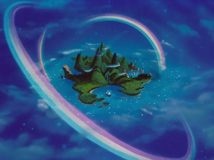 Floating magical imaginary world surrounded by colorful rings and glowing stars in a mysterious blue sky.
