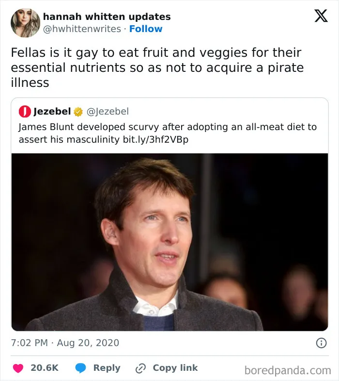 Tweet discussing masculinity and diet accompanied by a meme shared on the Fight The Patriarchy page.