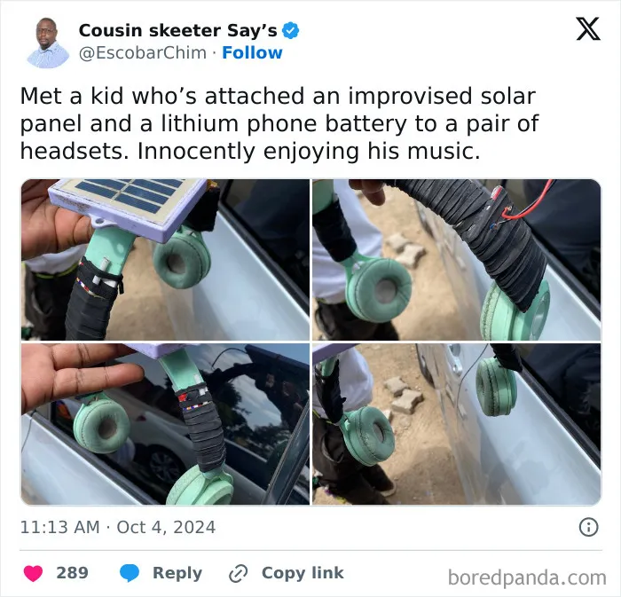 Kid's new invention with improvised solar panel and lithium battery attached to headphones enjoying music outdoors.