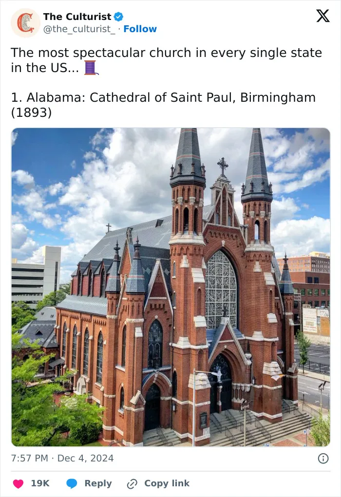 Spectacular red brick Cathedral of Saint Paul in Birmingham, Alabama, showcasing striking church architecture in the US.
