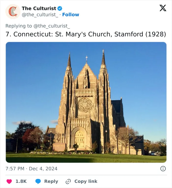 Stunning historic church in Stamford, Connecticut with Gothic architecture and intricate stone details under clear blue sky.
