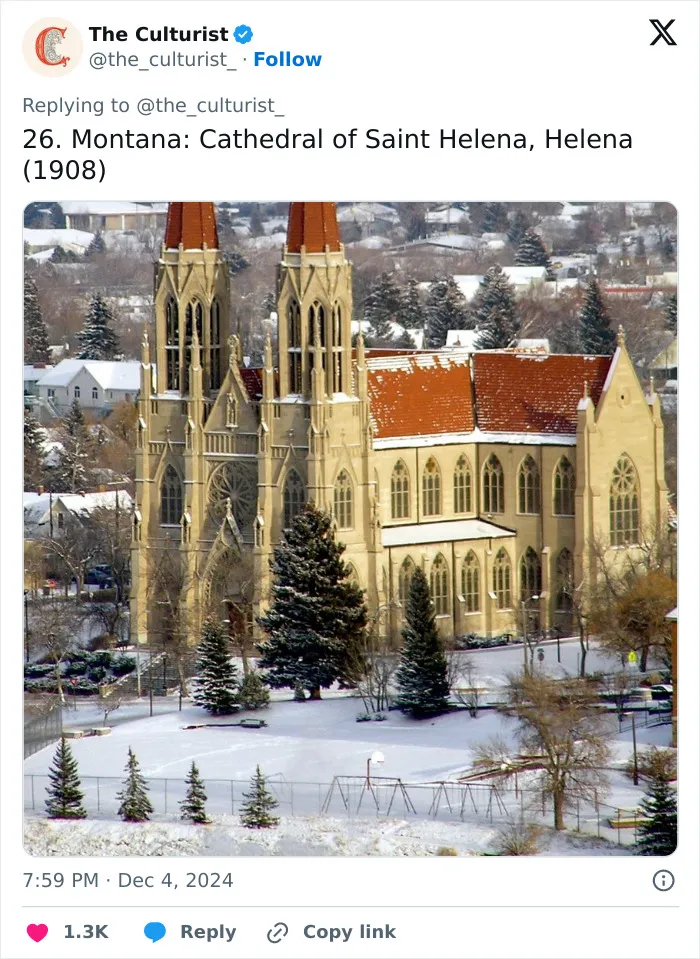 Cathedral of Saint Helena in Montana covered in snow, a striking church with Gothic architecture and tall spires.