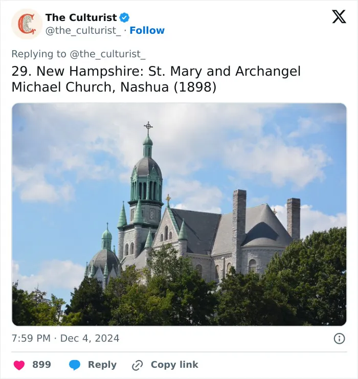 St. Mary and Archangel Michael Church in Nashua, New Hampshire, a beautiful and striking historic church with green spires.