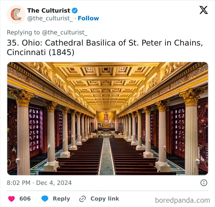 Cathedral Basilica interior in Ohio featuring grand columns and ornate golden ceiling in a beautiful striking church.