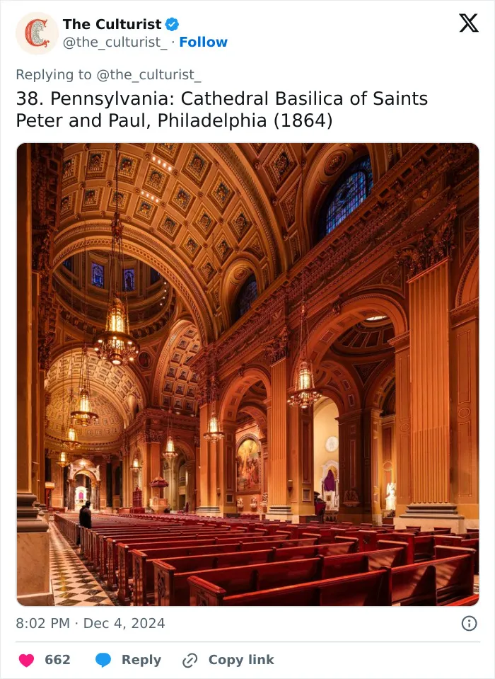 Cathedral Basilica interior in Philadelphia with ornate arches and detailed ceiling, striking church architecture in the US.