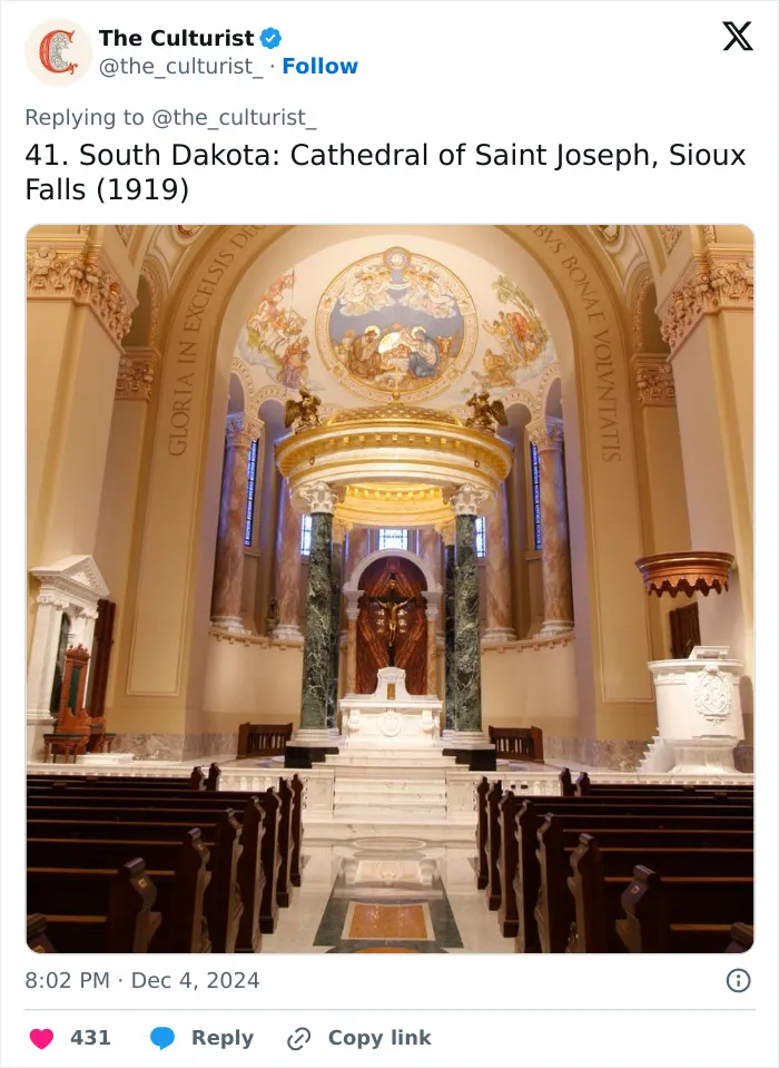 Interior view of Cathedral of Saint Joseph in South Dakota showcasing stunning architecture and beautiful church design.
