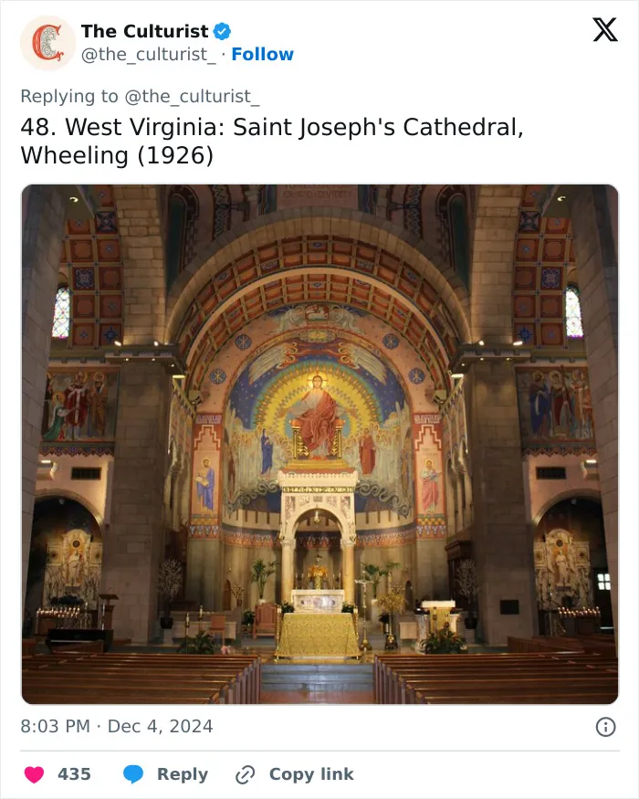 Interior of Saint Joseph's Cathedral in West Virginia showing colorful murals and architectural details in a beautiful US church.