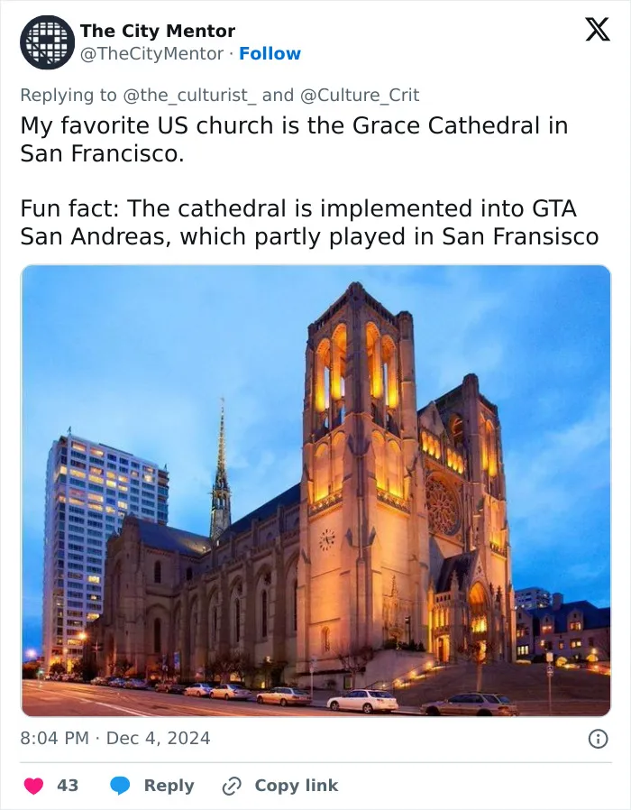 Grace Cathedral illuminated at dusk, a striking example of beautiful churches in the US with Gothic architecture details.