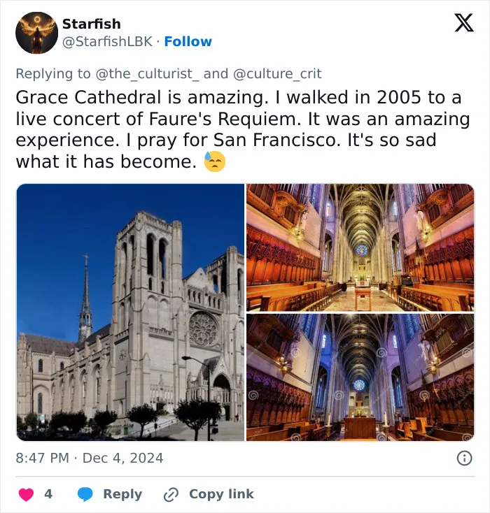 Exterior and interior views of Grace Cathedral, a stunning and striking church in San Francisco, showcasing beautiful architecture.
