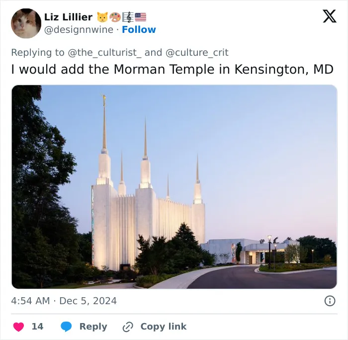 White Mormon Temple in Kensington Maryland with tall spires and surrounding trees during dusk in the US.