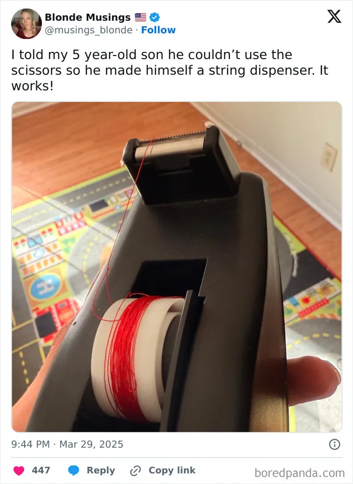 I Told My 5 Year-Old Son He Couldn’t Use The Scissors So He Made Himself A String Dispenser. It Works!