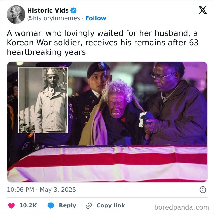Elderly woman receives Korean War soldier husband's remains, a touching and wholesome post to brighten your feed.