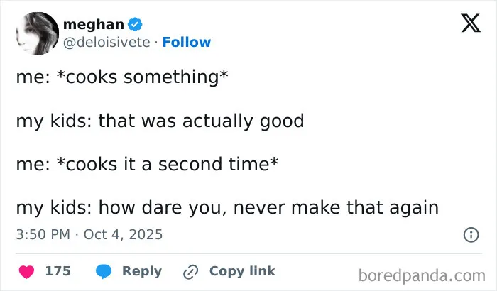 Screenshot of a humorous tweet by a parent about cooking and kids’ reactions, reflecting funny parenting moments on X.
