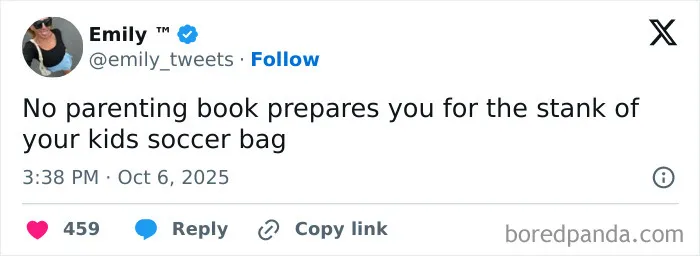 Tweet from parent on X humorously describing the struggles of parenting during October involving kids' soccer bags.