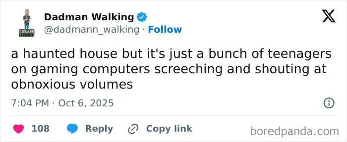 Parent tweet joking about a haunted house as teenagers gaming loudly, showing funny moments from parents on X.