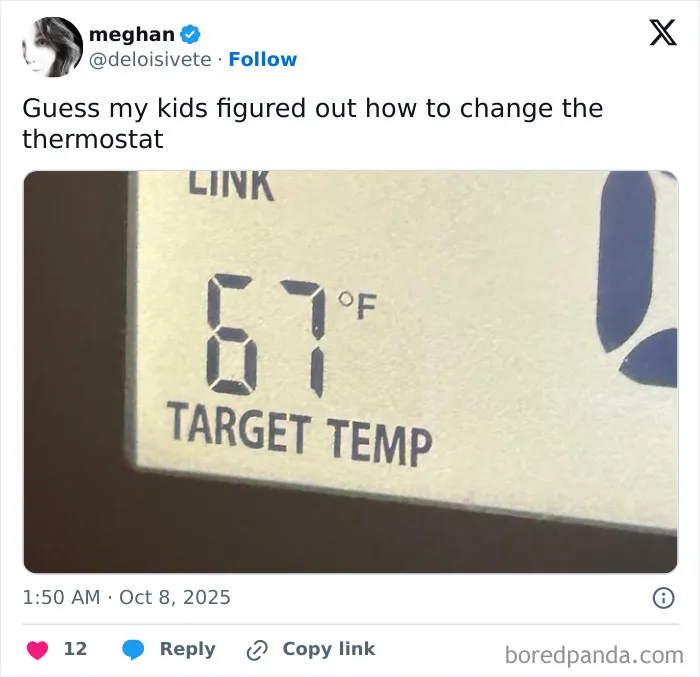 Tweet from a parent sharing a thermostat set to 67°F, humorously showing parents barely making it through October on X.