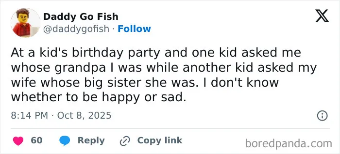 Tweet from a parent humorously sharing their awkward experience at a kid's birthday party during a challenging October.