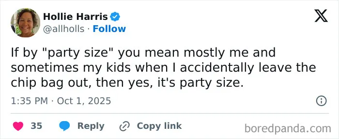 Tweet from a parent humorously describing party size as mostly themselves and kids after leaving a chip bag out.
