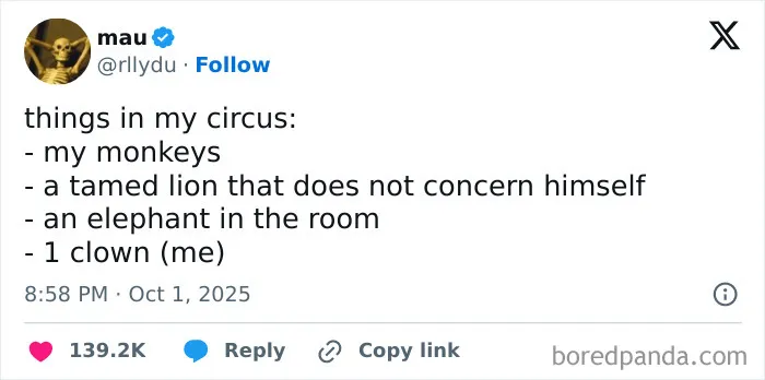 Screenshot of a funny tweet from a parent humorously describing their chaotic life as a circus on X.