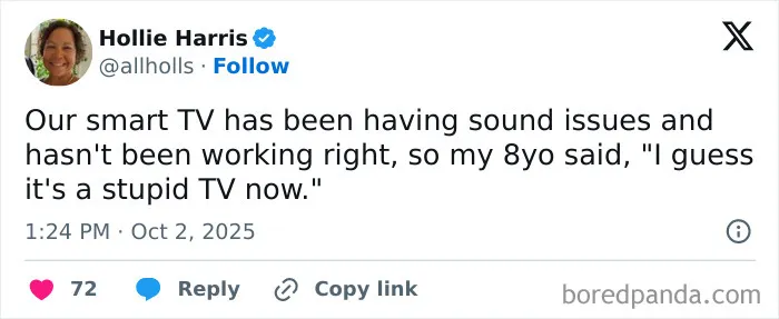 Tweet from a parent sharing a funny comment from their 8-year-old about a smart TV with sound issues on X.