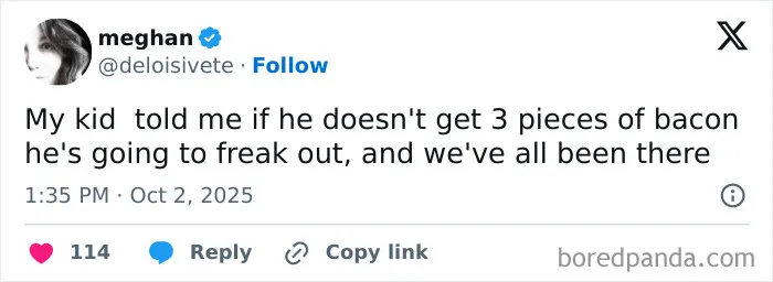 Tweet from a parent humorously sharing a relatable struggle about kid’s bacon cravings, reflecting parents’ October challenges on X.