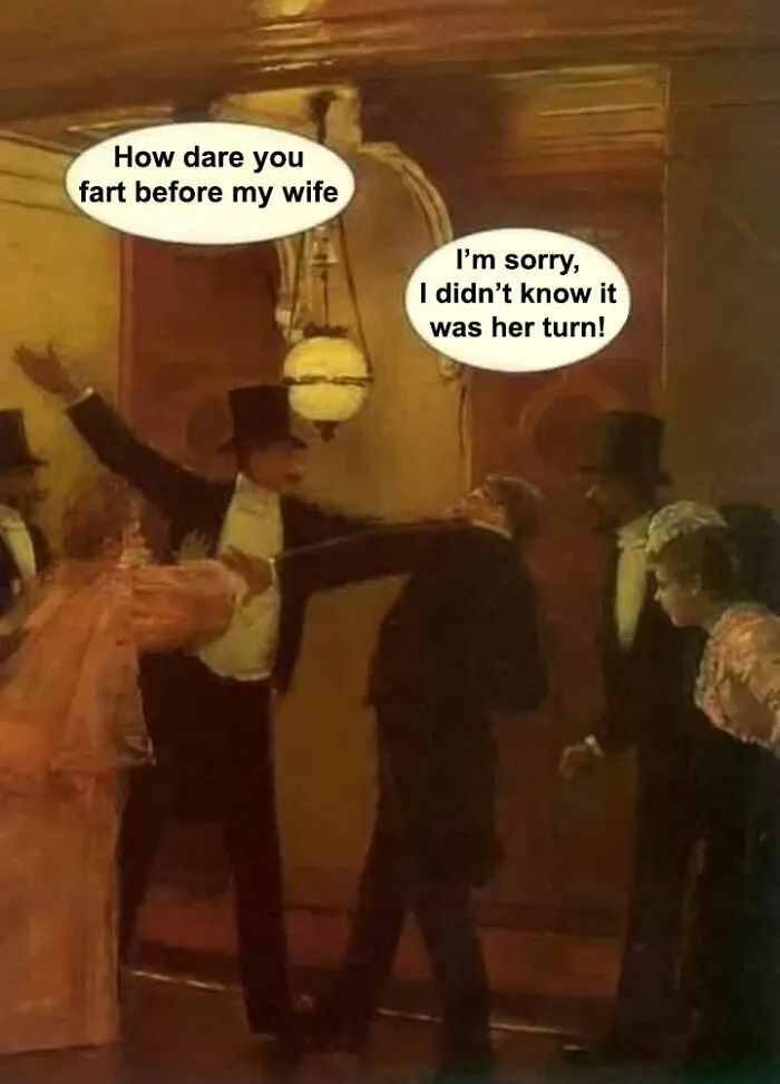Classical painting scene humorously captioned with dialogue about farting, blending classical paintings and funny memes.