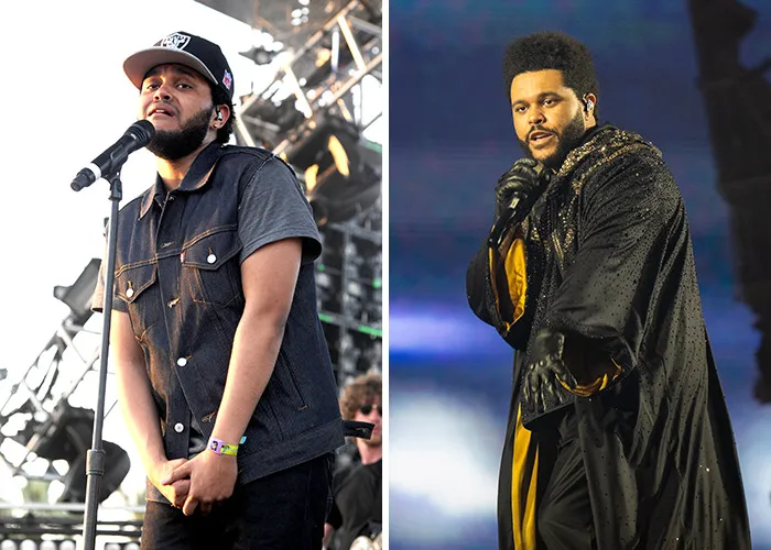 The Weeknd performing on stage in casual and glamorous outfits, showcasing celeb transformation over time.