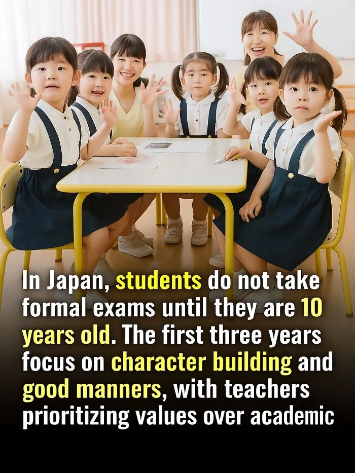 Group of adorable students in Japan learning character building and good manners in a wholesome classroom setting.