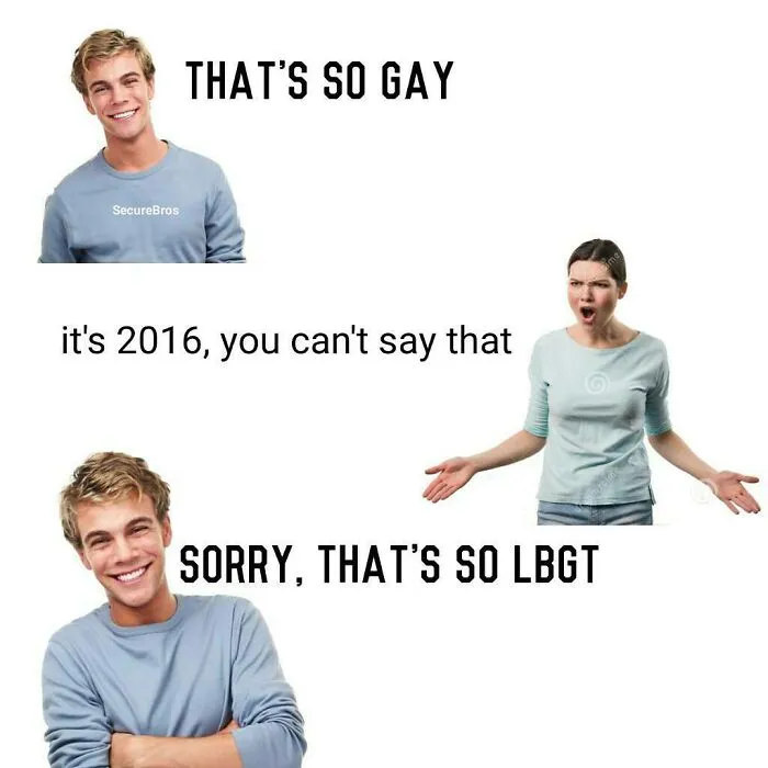 Young man and woman in a humorous meme making fun of alpha males with sarcastic text about outdated phrases.