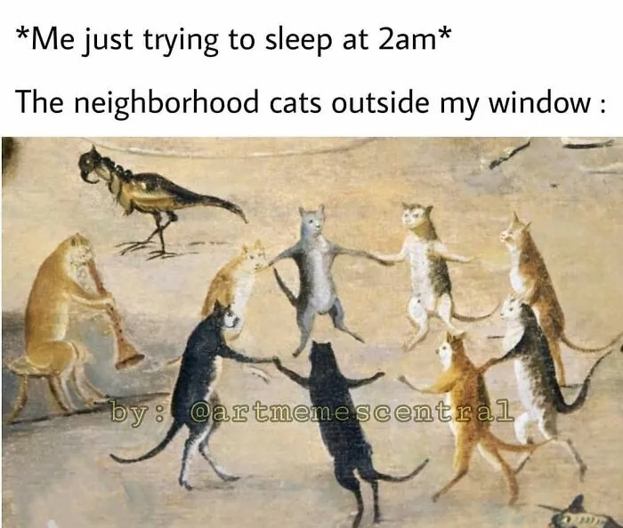 Old painting with modern captions showing cats dancing in a circle, exemplifying comedy gold from modern captions on old paintings.