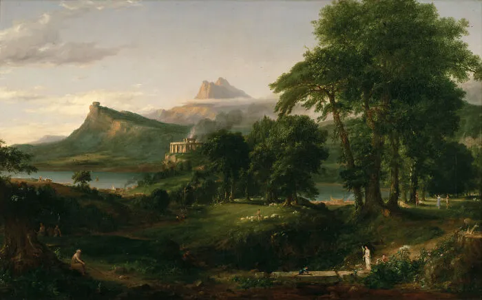 A mysterious and magical imaginary world with lush trees, mountains, ancient ruins, and a serene lake in a fantasy landscape.