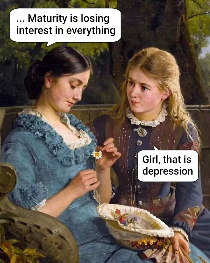 Two women in an old painting with modern captions, a humorous example of adding comedy gold to classic art.