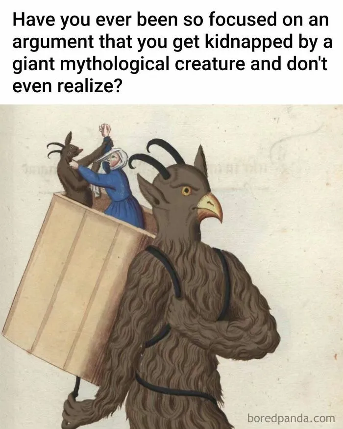 Modern captions added to old painting showing a giant mythological creature carrying a person in a wooden box.