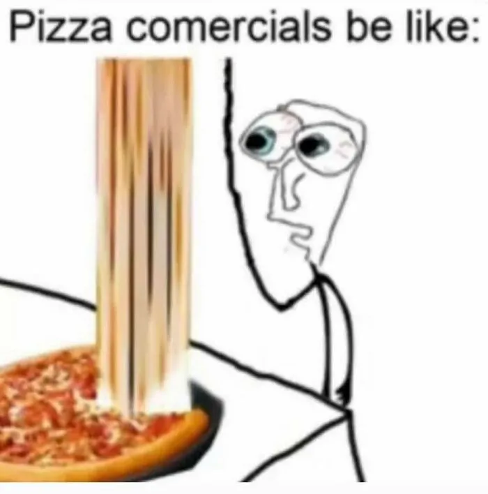 Cartoon figure with tired eyes watching exaggeratedly stretchy pizza slice, illustrating posts that hit different at 3AM humor.