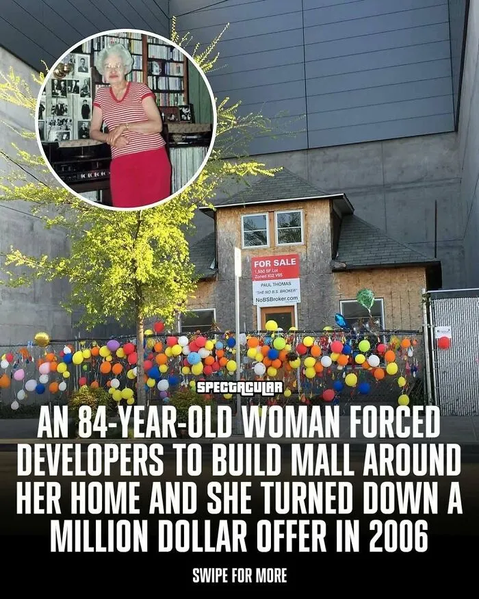 84-year-old woman stands by her home surrounded by mall development, an adorable and wholesome post brightening your feed.