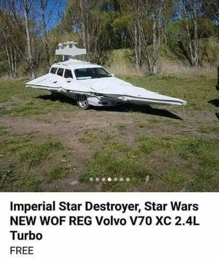 Car modified to look like an Imperial Star Destroyer, humorous unhinged meme for late night posts that hit different at 3AM.