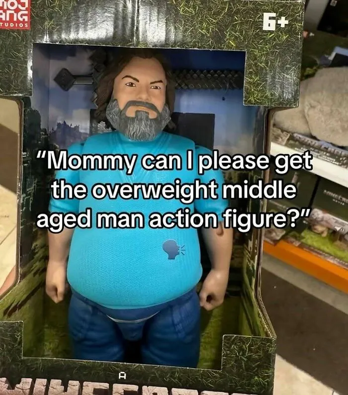 Overweight middle-aged man action figure meme in packaging, representing unhinged posts that hit different at 3AM.