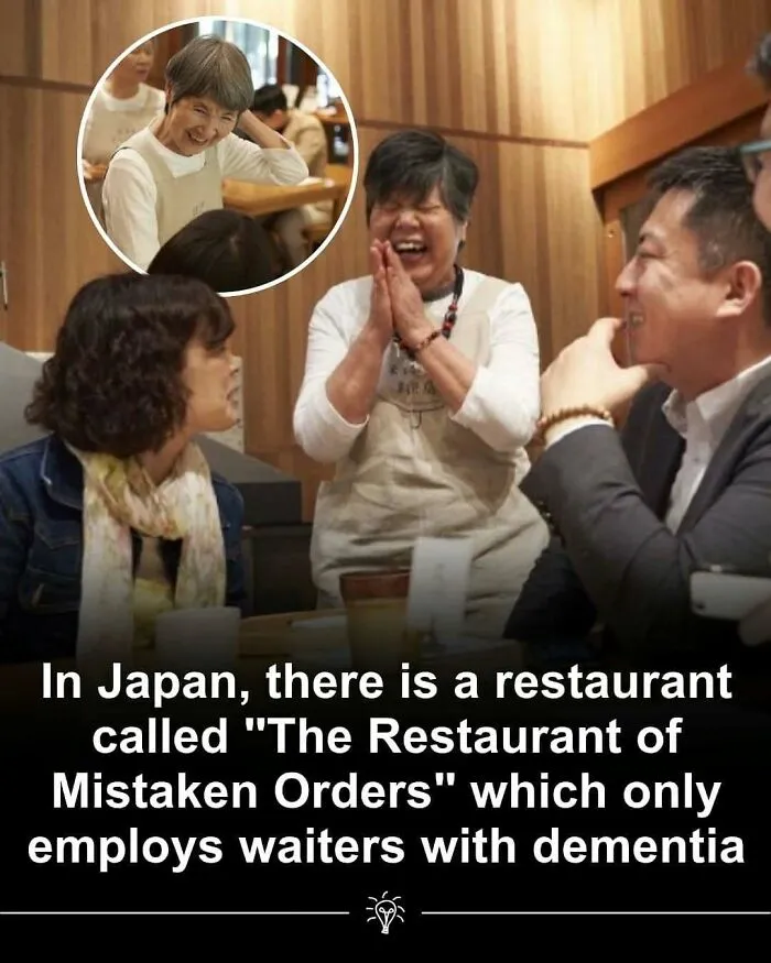 Happy elderly waiters with dementia serving and laughing with customers in a wholesome and adorable restaurant moment.