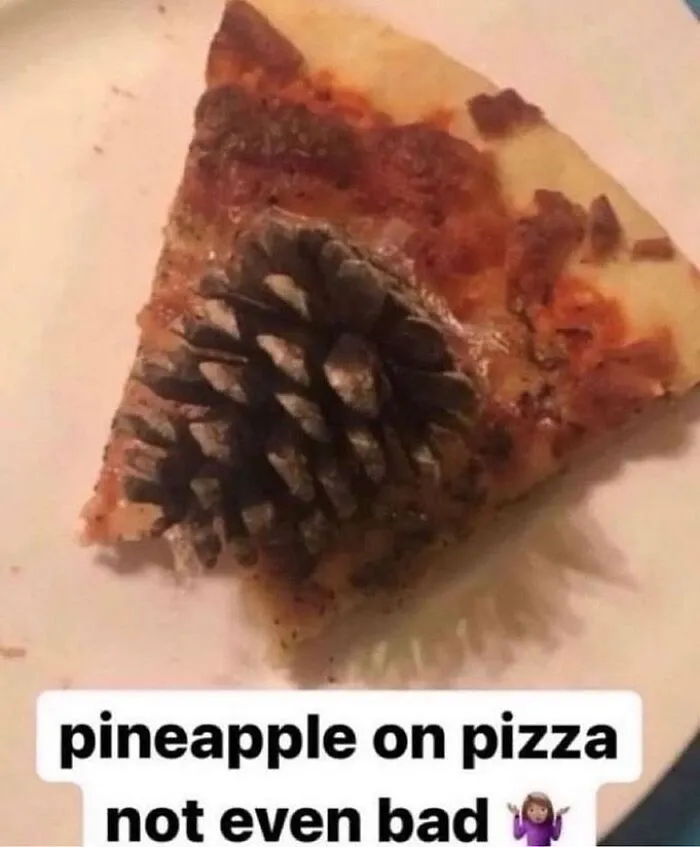 Slice of pizza with a pinecone on top, humorously captioned about pineapple on pizza in a late-night meme style.