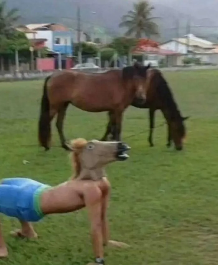 Person wearing a horse mask doing a push-up in front of two grazing horses in a grassy field during daytime.