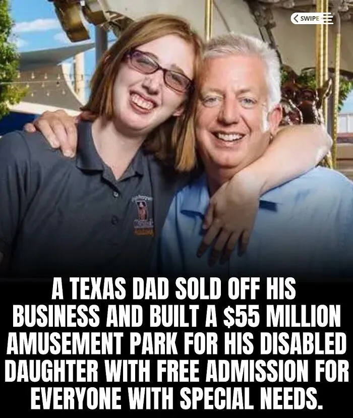 Smiling father and daughter at an amusement park highlighting adorable and wholesome posts about family love and special needs.