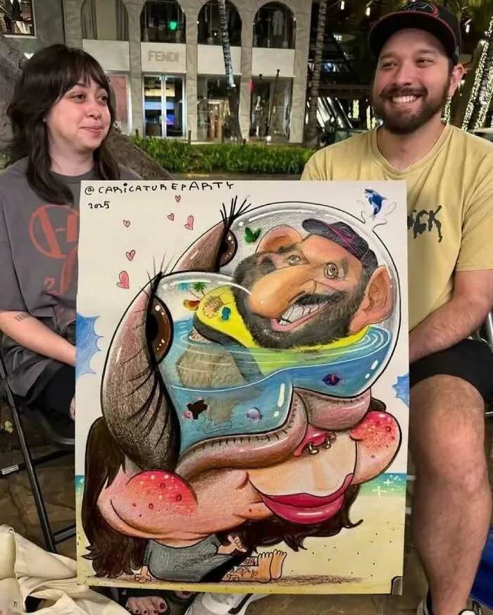 Two people smiling while holding a caricature painting, showcasing unhinged memes and posts that hit different at 3AM.