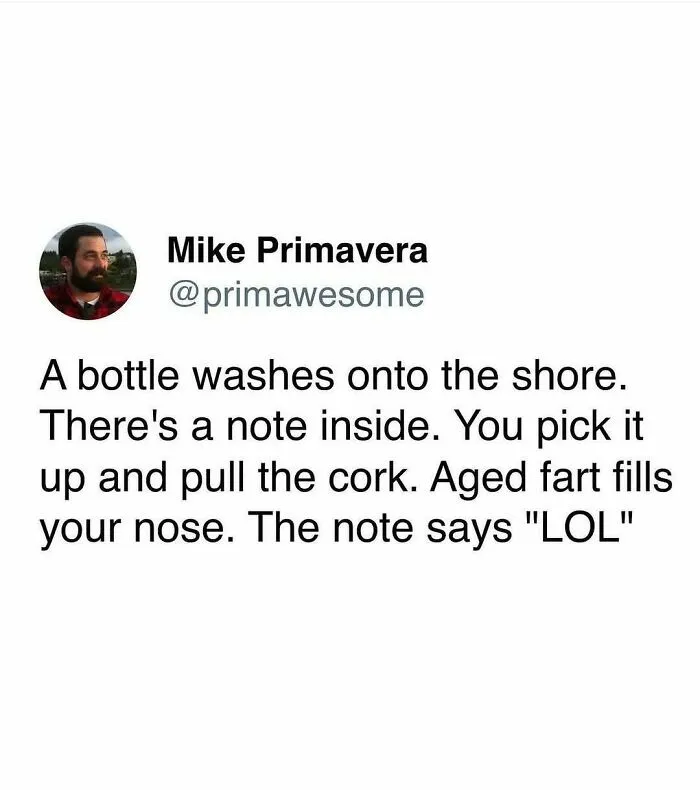 Tweet by Mike Primavera @primaawesome with a hilarious joke, part of prime awesome tweets collection.