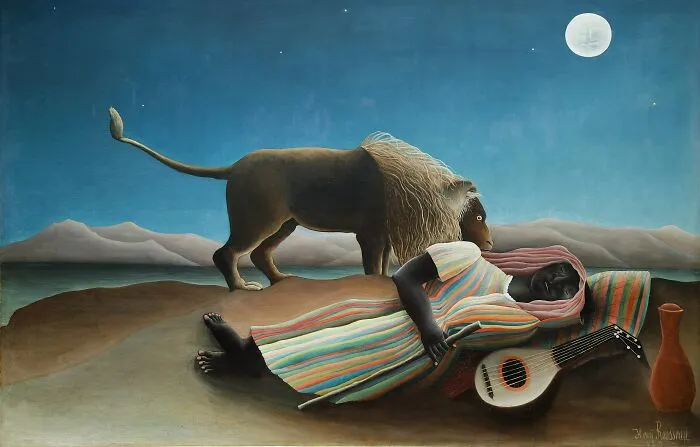 Surreal painting of a woman sleeping by a river with a lion under a full moon, example of famous paintings that changed art.