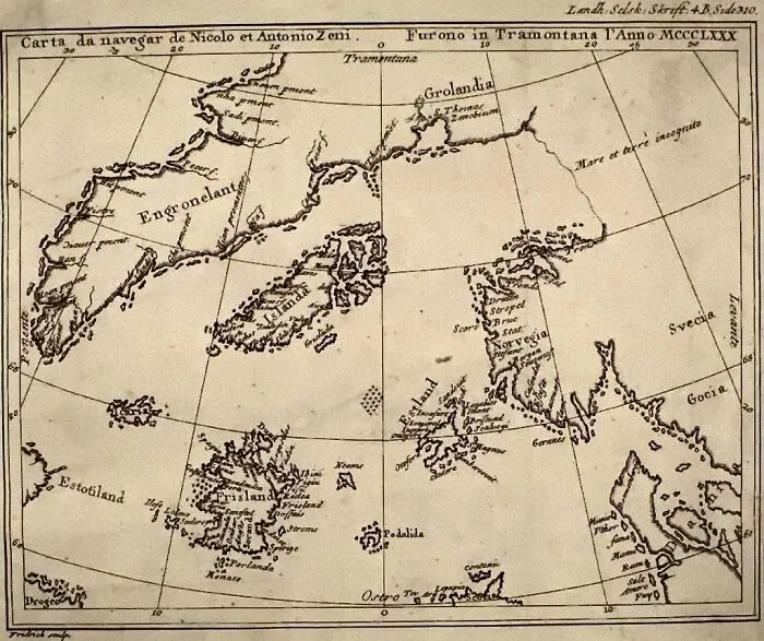 Antique map illustrating mysterious and magical imaginary worlds and places from historical exploration charts.