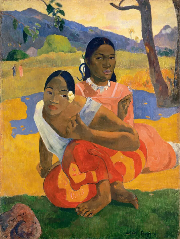 Two women in vibrant clothing in a tropical landscape, a famous painting recognized for changing art forever.