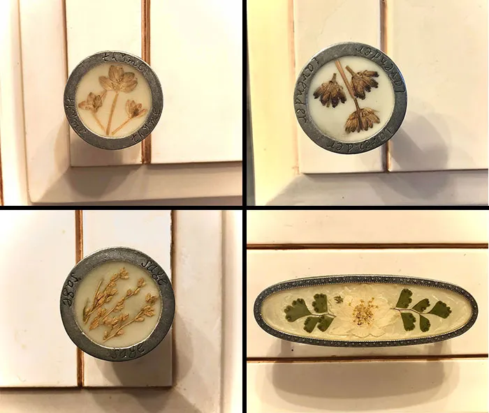 Decorative cabinet knobs with dried flowers showcasing cottage core aesthetics in a rustic and whimsical style.