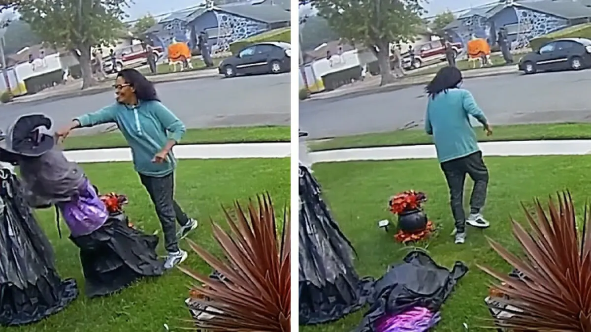 'Unhinged' Woman Caught Attacking Neighbor's Halloween Witches Twice In Bizarre Viral Footage